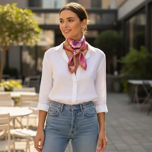 Pink Floral Satin Scarf 20x20 Women's Hair Tie Neck Wrist Wrap - Picture 6 of 10